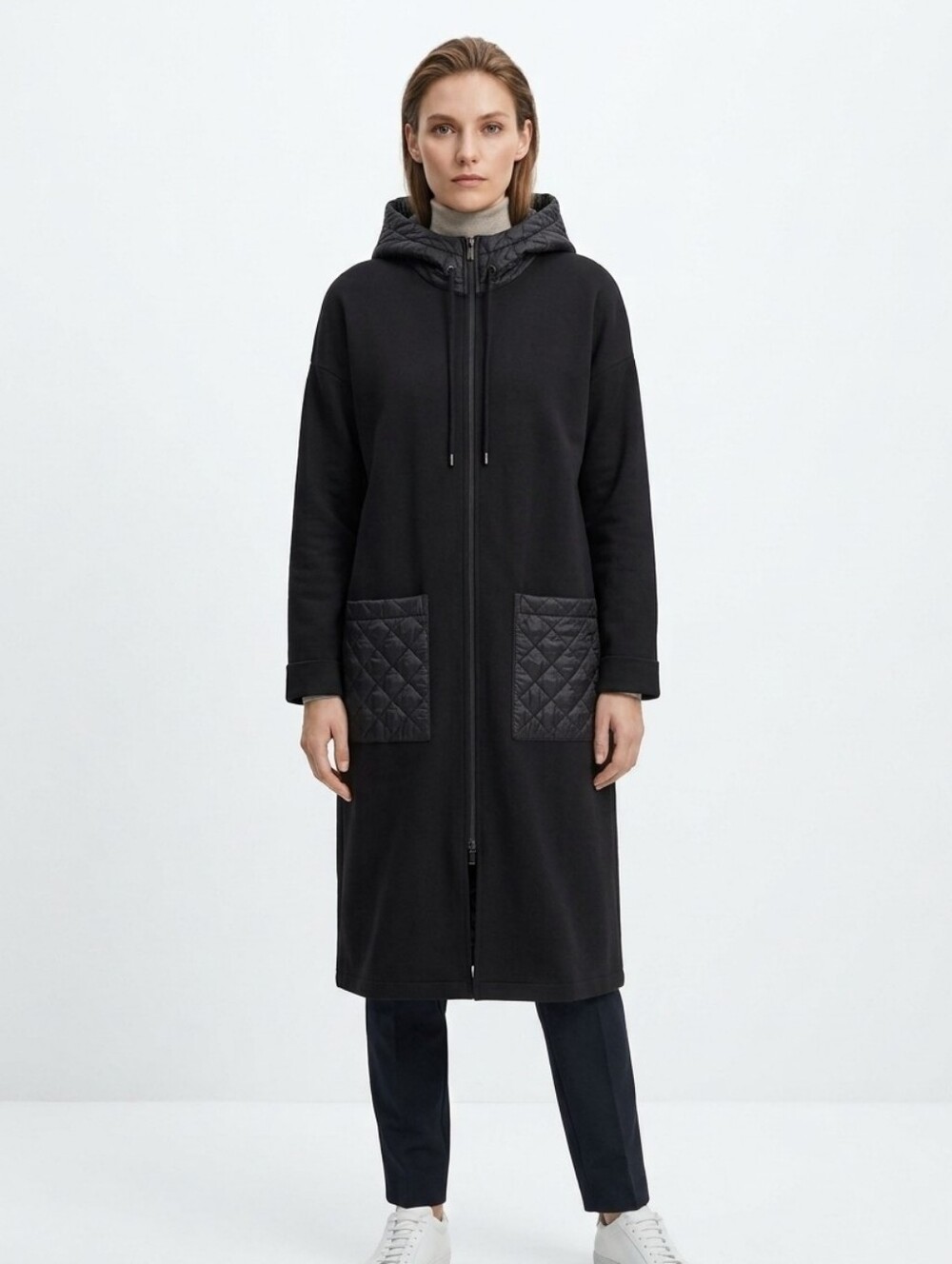 Joseph Ribkoff Black Quilted Hooded Long Coat Size 12